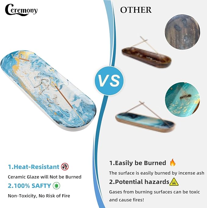 Incense Holder for Sticks, Ceramic Incense Burner with 60 Incense Sticks for Sage Palo Santo, Heat-Resistant Insence-Stick Holder for Backflow Incense Cones Meditation Yoga Spa Room Decor