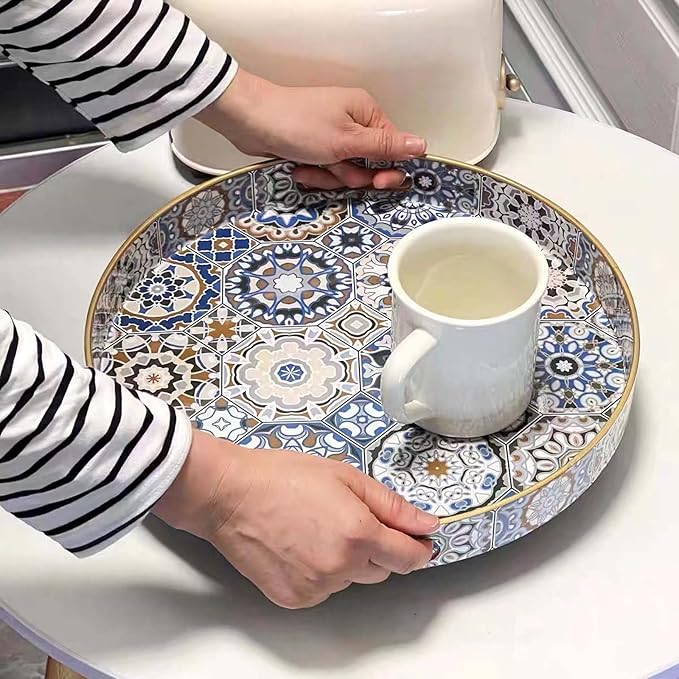 Round Serving Tray with Handles - Boho Coffee Table Tray Ottoman Tray,Large Trays for Ottoman Coffee Table,Modern Decorative Trays for Living Room