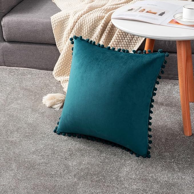 DEZENE 16x16 Throw Pillow Cases Teal: 2 Pack Cozy Soft Pom-poms Velvet Square Decorative Pillow Covers for Farmhouse Home Decor