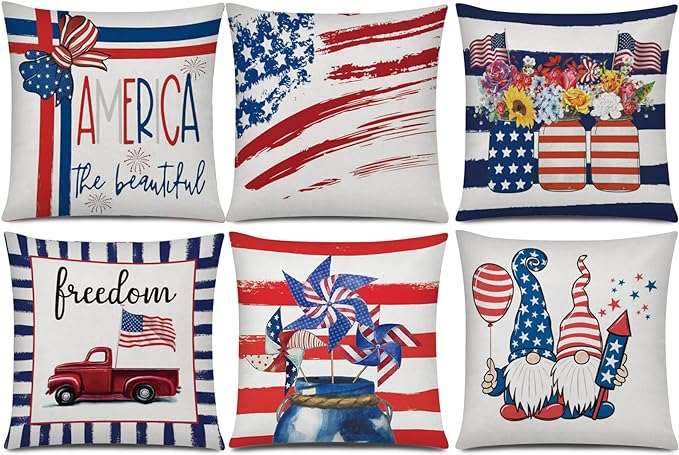 COMMINY 4th of July Pillow Covers 18x18 Set of 6 Patriotic Stripes Throw Pillow Cover American Flag Pillow Case Independence Memorial Day Decorations for Couch Home