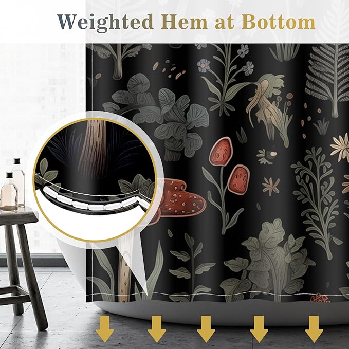 Aimego Stall Small Shower Curtains - Boho Mushroom Vintage Floral Plants Flowers Fairy Nature Botanical Narrow Half Fabric Cloth Bath Shower Curtain Set with Hooks Bathroom Decor, 36"x72"