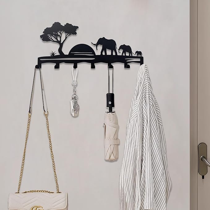 Elephant Family Metal Key Hook Rack - African Savannah Sunset Wall Decor - Practical and Artistic Key Organizer, Hallway, Kitchen, Office