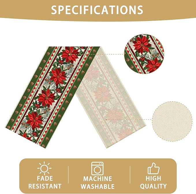 Christmas Flower Table Runner Burlap Kitchen Dining Linen Table Decoration for Indoor Outdoor Home Party Dinner 13x72 Inch