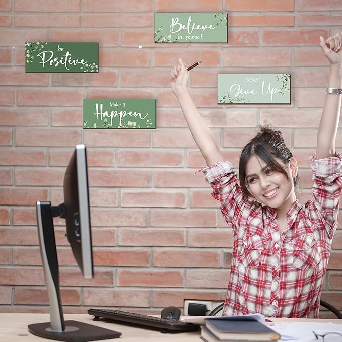 4 Pcs Green Office Decor For Women Motivational Wall Decor Inspirational Green Office Wall Decor With Positive Sayings Wooden Hangings for Home Bathroom Bedroom Kitchen(10x4")