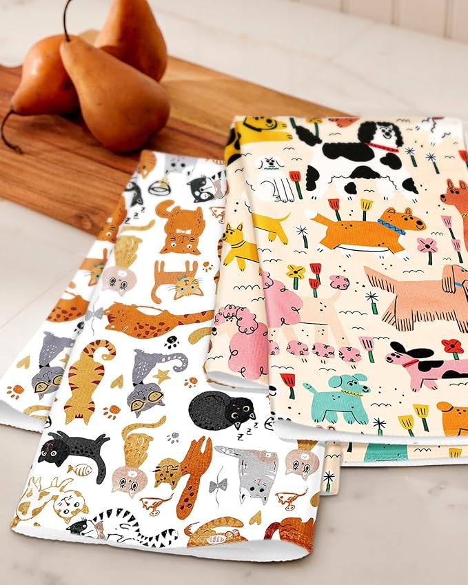 Microfiber Kitchen Towels - Set of 2 Dish Towels for Kitchen 18 x 26 Inch Home Decoration Crayon Dog Cat Cute Spring Hand Towels Soft & Absorbent Aesthetic Design