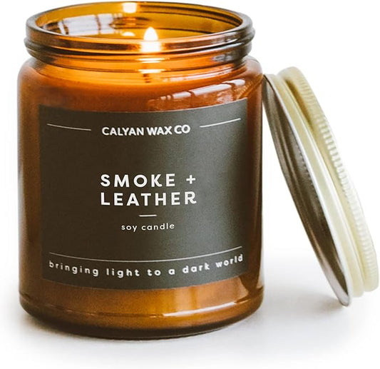 Calyan Wax Co. Soy Wax Candle, Smoke + Leather Scented Candle, 57 Hour Burn Time, Aromatherapy Soy Candles, Non Toxic & Vegan Soy Wax, Amber Glass Jar Scented Candles, 7.2oz
