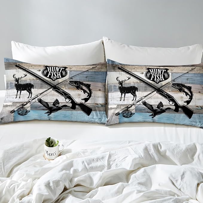 Hunt Fish Duvet Cover Set King Size,Deer Bird Fish Animal Hunting Comforter Cover with 2 Pillowcases,Rustic Farmhouse Barn Board Modern Soft Bedding Set (No Comforter), for Adult Bedroom Xmas Gift