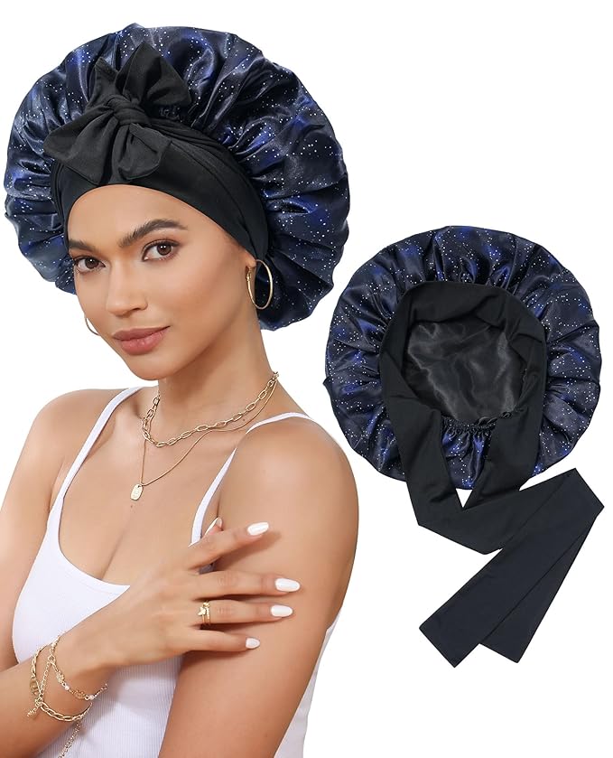 Satin Bonnet Silk Bonnet for Sleeping Silk Sleep Cap Double Layer Hair Bonnet with Elastic Tie Band for Curly Hair Night Cap(Nebula+Black)
