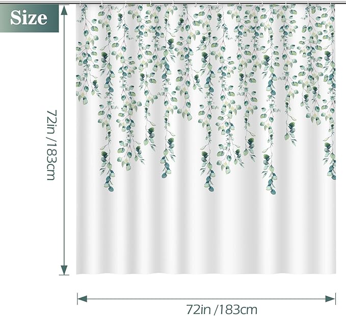 Aimego Sage Green Eucalyptus Shower Curtain-Spring Summer Watercolor Plant Leaves Nature Botanical Bathroom Decor Fabric Cloth Bath Shower Curtain Set with 12 Hooks, 72"x72", White