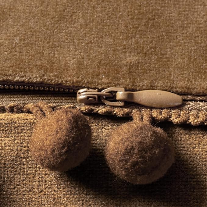 DEZENE Throw Pillow Cases 12x20 Golden Brown: 2 Pack Cozy Soft Pom-poms Velvet Rectangular Decorative Pillow Covers for Farmhouse Home Decor