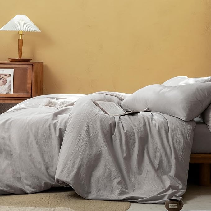 FOSSA Duvet Cover Set 100% Washed Cotton Linen Feel Super Soft Breathable Cozy 3 Pieces Bedding Sets Solid Grayish Queen