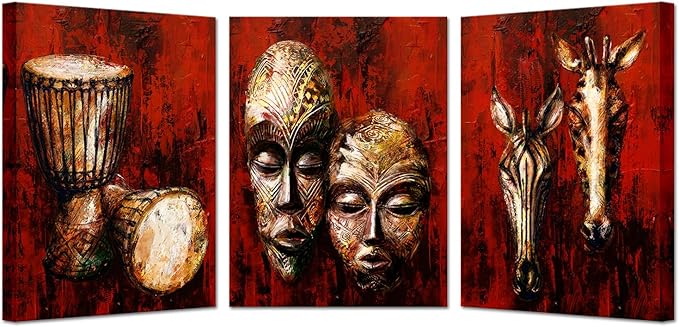 KREATIVE ARTS Vintage Tribal African Canvas Art Authentic Masks, Drums, Zebra & Giraffe Wooden Symbols Painting Giclee Prints Artwork for Home, Living Room & Bedroom Each Panel 12x16 Inches