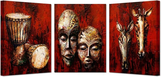KREATIVE ARTS Vintage Tribal African Canvas Art Authentic Masks, Drums, Zebra & Giraffe Wooden Symbols Painting Giclee Prints Artwork for Home, Living Room & Bedroom Each Panel 12x16 Inches