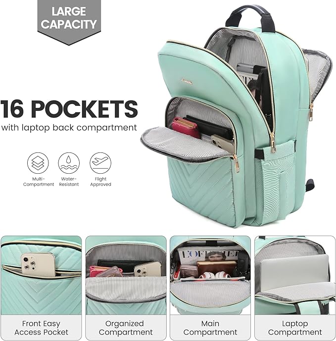 LOVEVOOK Laptop Backpack for Women 15.6 inch,Cute Womens Travel Backpack Purse,Professional Laptop Computer Bag,Waterproof Work Business College Teacher Bags Carry on Backpack with USB Port,Mint Green