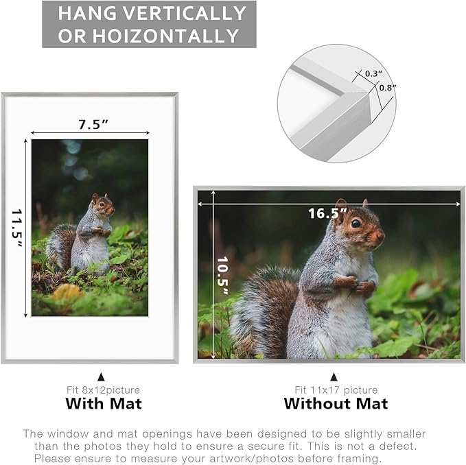 Golden State Art 11x17 Picture Frame 3 Pack - Aluminum Frames with 8x12 Removable Mats & Real Glass, Display 11x17 Posters or 8x12 Photos - Silver Gallery Wall Frames for Home Office Decor
