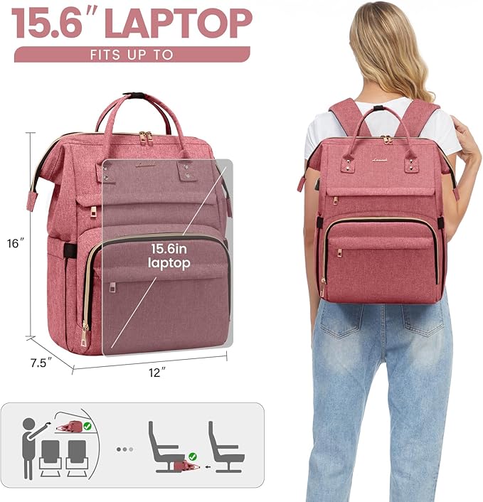 LOVEVOOK Laptop Backpack for Women,15.6 Inch Professional Womens Travel Backpack Purse Computer Laptop Bag Nurse Teacher Backpack,Waterproof College Work Bag Carry on Back Pack with USB Port,Light-red