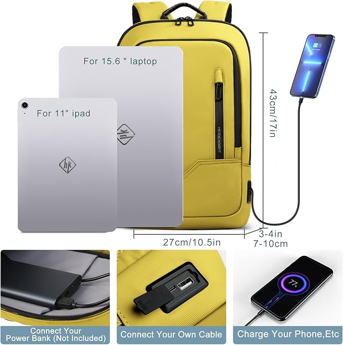hk Backpack for Men Business Slim Backpack with USB Charger Computer Lightweight Anti-theft Travel Backpacks 15.6 inch Water Resistant Laptop Bag for Work Office College-Lemon Yellow