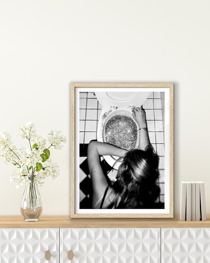 EcoHest UnFramed Trendy After the Disco Party Wall Art, 12x16 in OAK Wood Black and White Funny Bathroom Canvas Art, Teen Girl Poster College Dorm Decor, Set of 1 for Bedroom Living Room