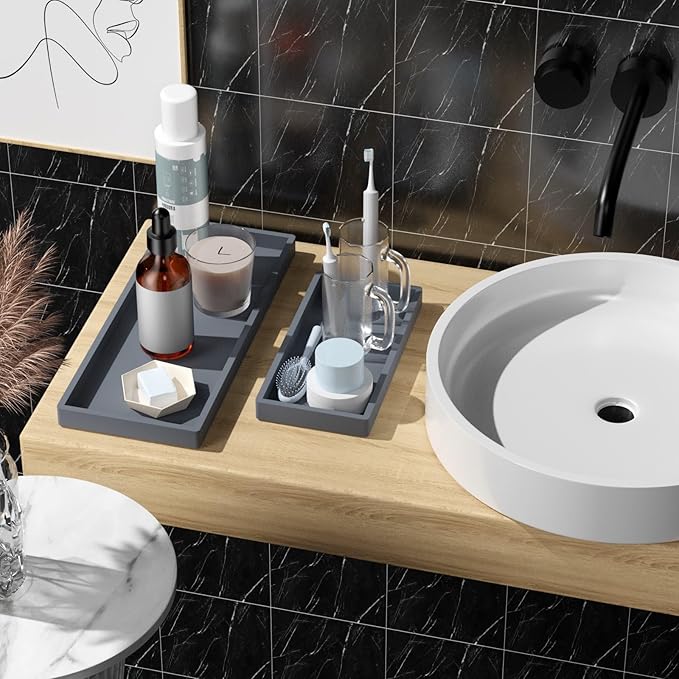 BBK Bathroom Vanity Tray- 2 Pack (7.8" and 11.8") Silicone Bathroom Tray for Counter, Perfume Key Trinket Ring Tray, Decor Soap Dispenser Countertop Tray for Kitchen Sink Organization.(Gray)