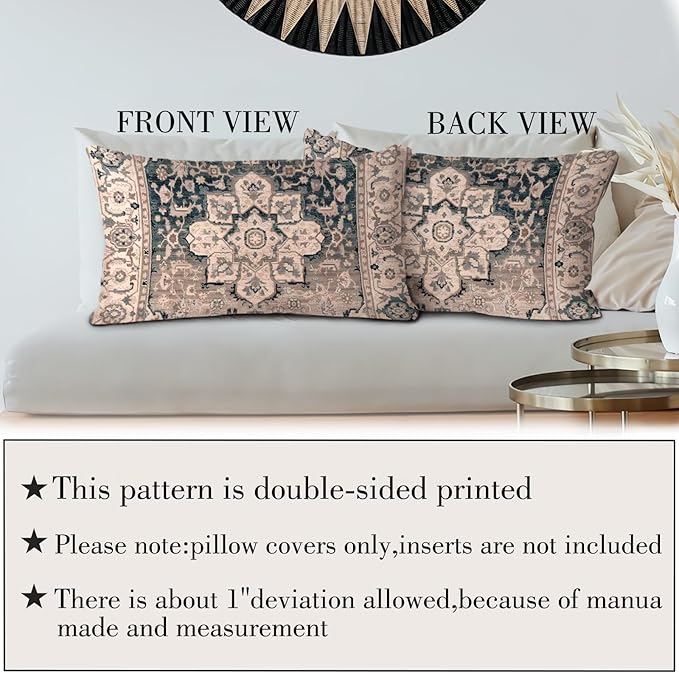 Boho Throw Pillow Covers 12x20 inch Set of 2,Boho Vintage Carpet Pattern Antique Ethnic Decor Double Sided Pattern Cushion Cover Soft Pillow Case Living Sofa Room Bed Square Pillow Cover