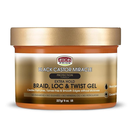 African Pride Black Castor Miracle Extra Hold Braid, Loc, Twist Gel - Extreme Hold Braiding Hair Gel, Edge Control & Tames Frizz, No Flake | Natural Ingredients, Coconut Oil | 8oz