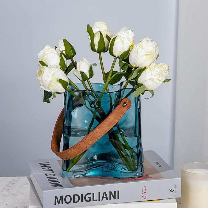 Glass Purse Vase for Flowers Deep Sea Blue Vases for Centerpieces Glass Bag Vase with Leather Handle Small Bag Vases for Decor Decorative Fish Bowl for Home Wedding Decor