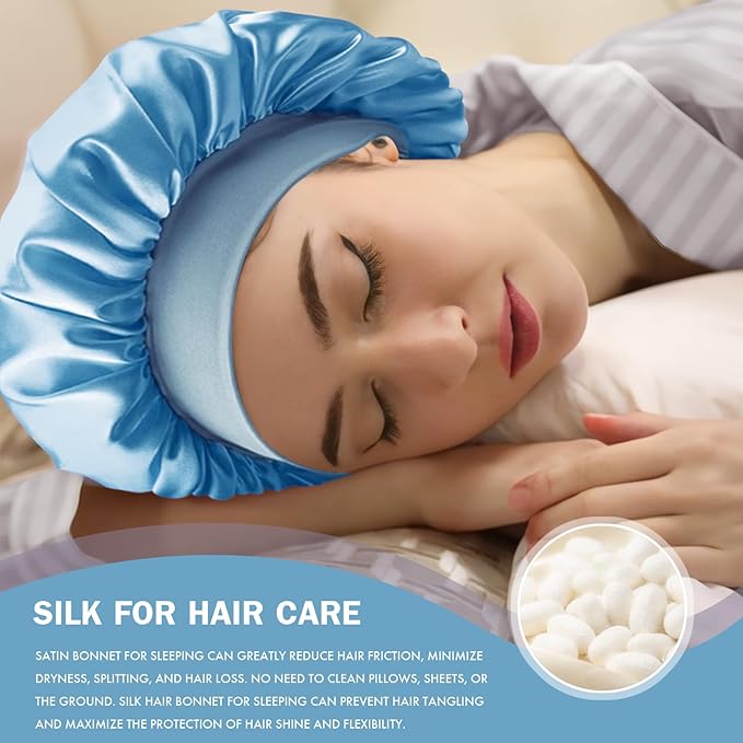 Satin Silk Bonnet for Sleeping, Double Layer Silk Sleep Cap for Men & Women, Soft Satin Lined Bonnet for Natural & Curly Hair(Light Blue)