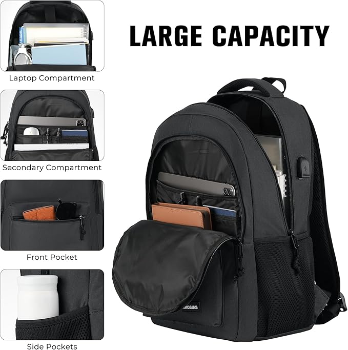 Black Backpack for Men and Women, School Backpack Teens Boys and Girls 15.6 Inch Laptop Bookbag with USB Charger for High School College Work Travel Business
