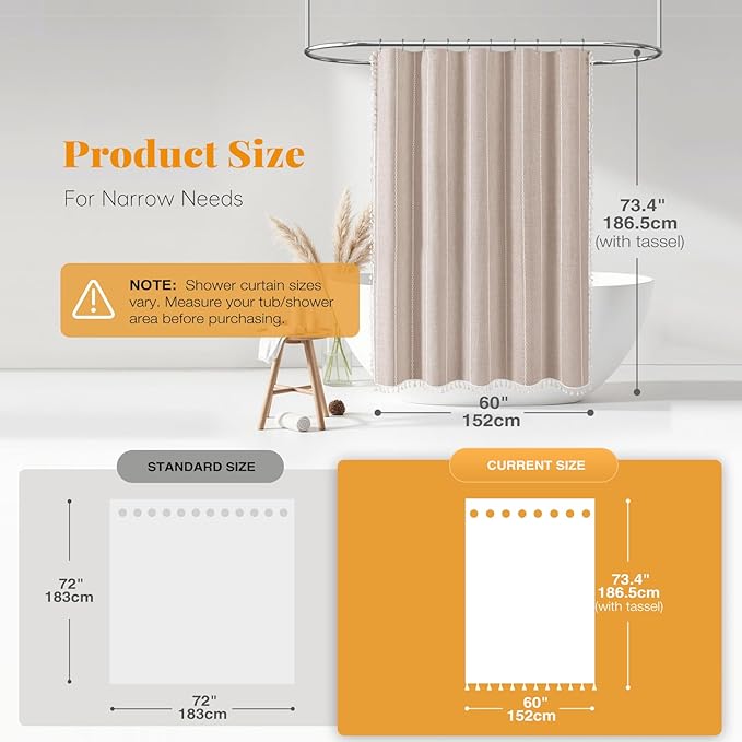 BTTN Stall Shower Curtain - 60x72 Narrow Boho Farmhouse Linen Vintage Striped Fabric Shower Curtain Set with 10 Hooks, Bohemian Cottage Decorative Heavy Duty Shower Curtains for Bathroom - Tan/Taupe