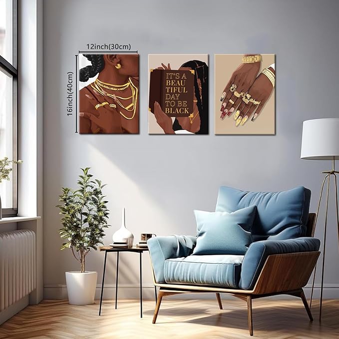 Marllifenney 3 Pcs Black Woman Wall Art Framed Black Girl Posters Abstract African American Canvas Prints Black Women Painting Decor Modern Boho Female Pictures for Bedroom Living Room Office 12x16in