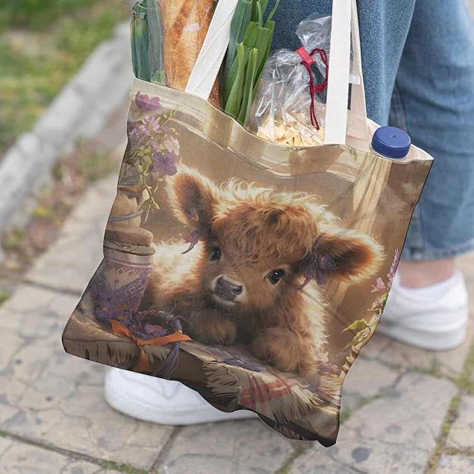 Western Highland Cow Canvas Tote Bag - Highland Cow Lover Gifts,Canvas Shoulder Bag for Women for Girls