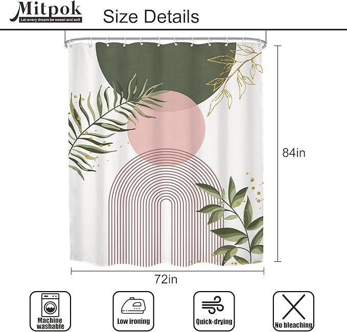 Pink Green Boho Shower Curtain 72Wx84H Extra Long Bohemian Mid Century Modern Abstract Sage Green Gold Leaves Plant Minimalist Bathroom Decor Arch Bath Curtain Fabric Polyester 12 Pack Hooks