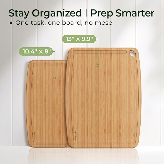 Dishwasher Safe Bamboo Cutting Boards Durable Lightweight Wood Cutting Board for Busy Kitchen, Easy Storage & Clean Wooden Chopping Boards with Juice Groove Set of 2 (M+S)