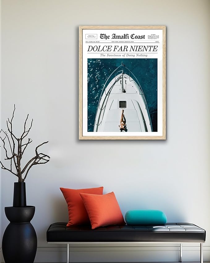 EcoHest Trendy Newspaper Dolce Far Niente Framed Wall Art, Large 16x20 in OAK Wood La Dolce Vita Canvas Art, Magazine Italian Summer Headline Decor, Beige Logs Set of 1 for Bedroom Living Room