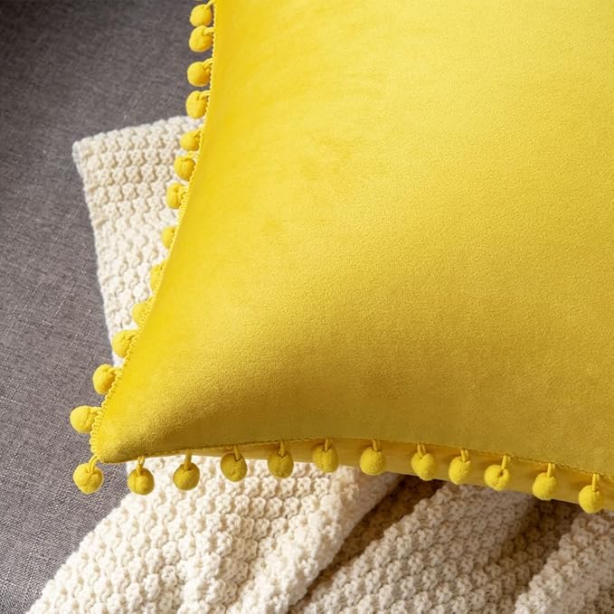 DEZENE Couch Pillow Covers 18x18 Yellow: 2 Pack Cozy Soft Pom-poms Velvet Square Throw Pillow Cases for Farmhouse Home Decor