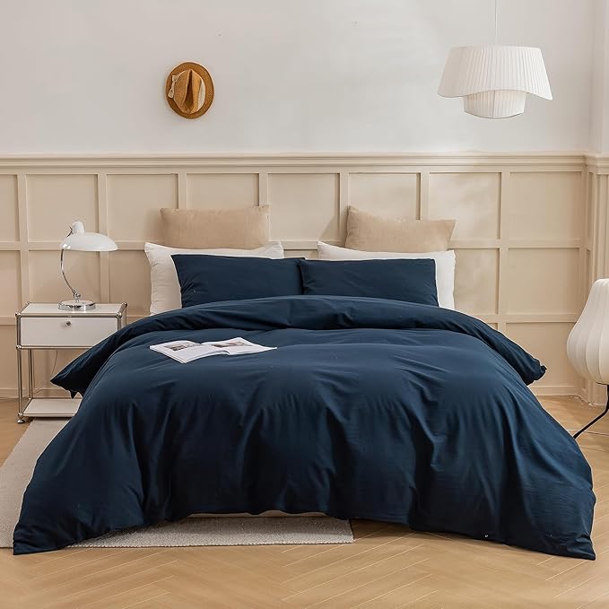 ECOCOTT Navy Blue Duvet Cover Super Queen Size - 100% Washed Cotton Durable Soft Comfy Bedding Set, 3 Pieces Duvet Cover with Zipper Closure (Navy Blue, 98''x90'')