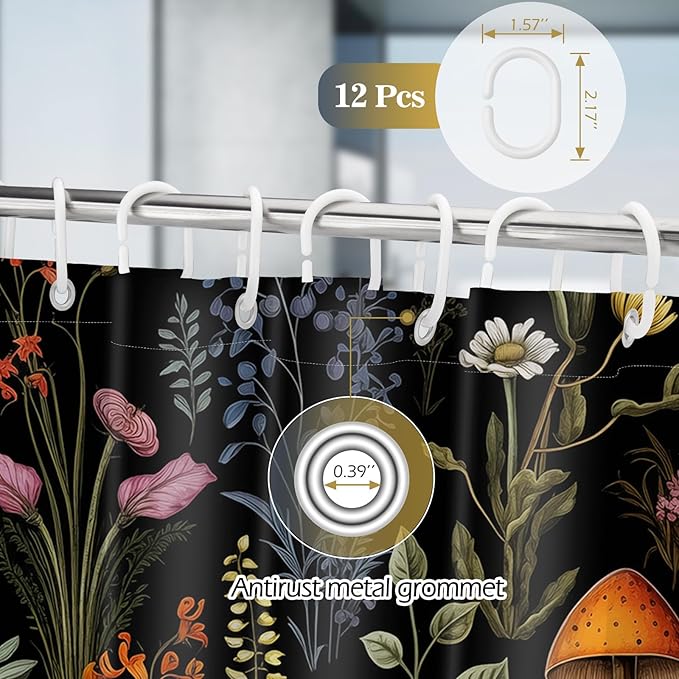 Aimego Long Mushroom Shower Curtain - Boho Floral Vintage Plants Flowers Retro Bohemian Botanical Nature Bath Shower Curtain Set with 12 Hooks for Bathroom Decor Bathtub Curtain, 72"x78" Black