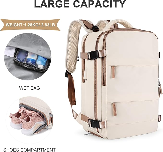 coowoz Large Travel Backpack For Women Men,Carry On Backpack Flight Approved,Hiking Outdoor Rucksack Casual Daypack Travel Bag Essentials Personal Item Backpack (Beige Brown-L)
