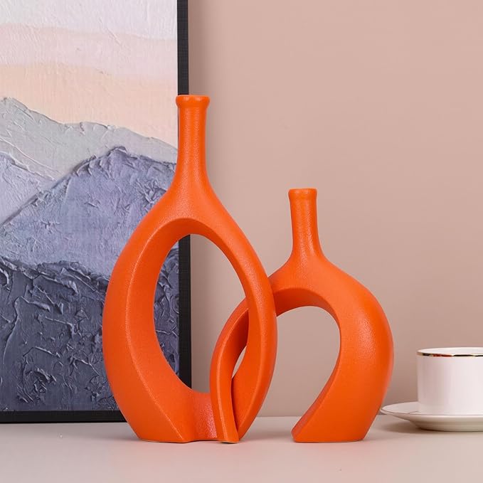 Orange Unique Hollow Bud Vases Set of 2,Modern Snuggle and Huging Style Ceramic Vase for Pampas Grass,Living Room Decorations for Fireplace,Coffee Table Centerpiece,Mantle,Bookshelf Decor