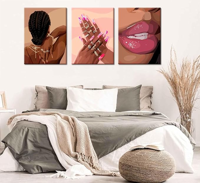 Black Girl Pink Wall Art Set of 3 African American Black Women Canvas Posters Fashion Black Girl Wall Decor Pictures Prints for Home Living Room Bedroom Bathroom Decoration 16x24 Inch Framed