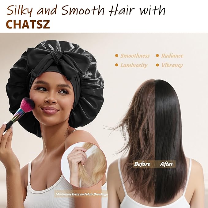 Silk Bonnet for Sleeping Women Satin Hair Cap with Tie Brand Curly Hair Sleep Protection Silk Head Wrap Double Layer - Black