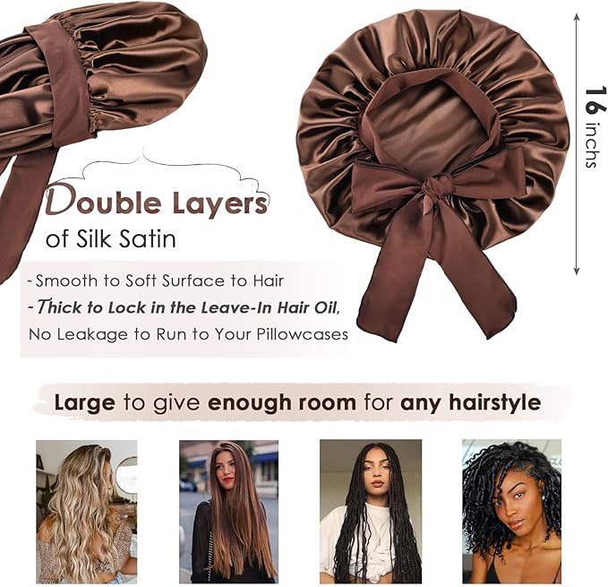 YANIBEST Silk Bonnet for Sleeping Women Satin Bonnet Double Layer Satin Lined Hair Bonnet with Tie Band Curly Hair