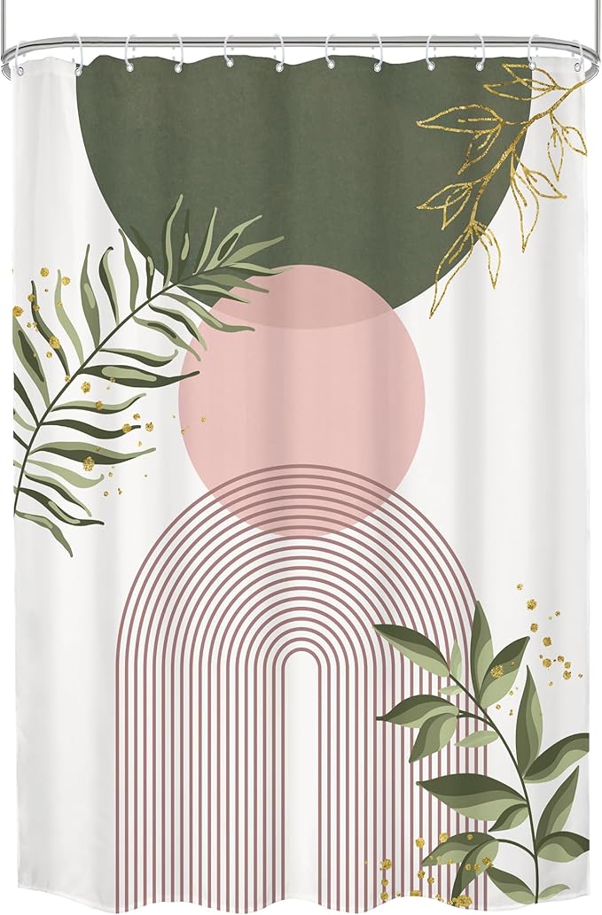 Pink Green Boho Shower Curtain 72Wx96H Extra Long Modern Bohemian Abstract Sage Green Gold Leaves Mid Century Plant Minimalist Bathroom Decor Arch Bath Curtain Fabric Polyester 12 Pack Hooks