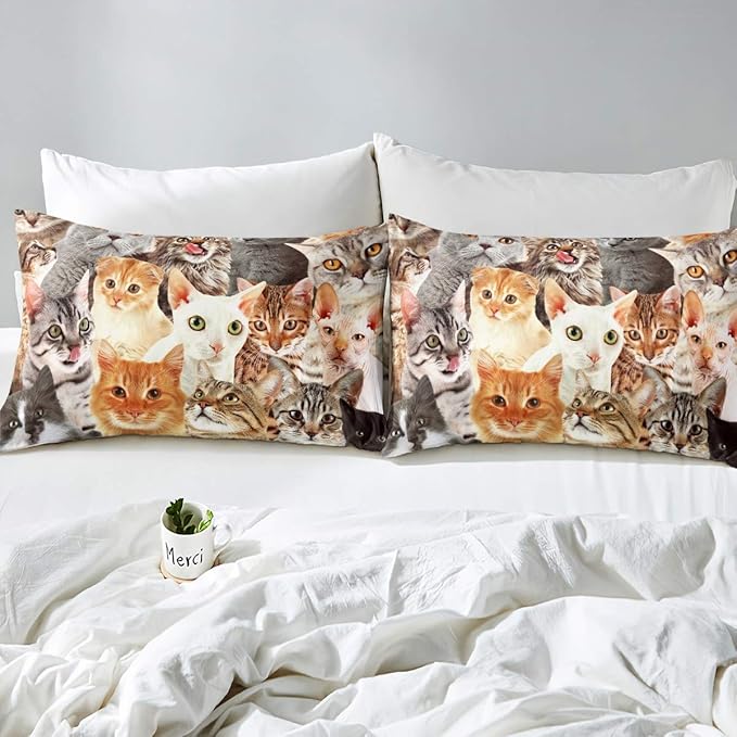 Feelyou Cat Comforter Cover Set Cat Lover Gifts Bedding for Women Kids Cute Kitten Pattern Duvet Cover Set King Size 1 Bedspread + 2 Pillow Shams Soft Lightweight