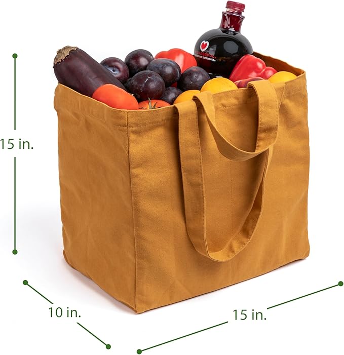 VeraMia Canvas Grocery Bag 3pc XL Set with Real Pockets, Long Shoulder Strap and Short Handle. Heavy Duty, Foldable, Washable