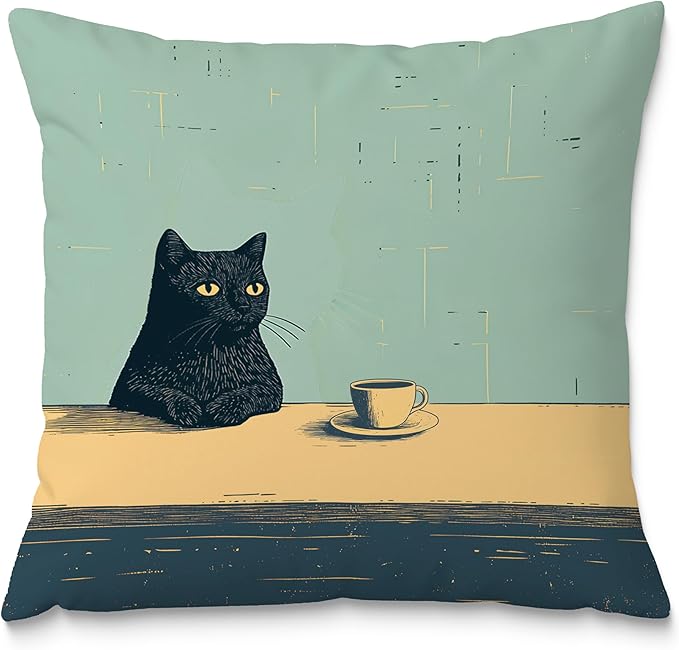 Black Cat Throw Pillow Covers 18x18, Aesthetic Black Cat Art Painting Decor Pillow Covers, Vintage Cats Drinking Coffee Decor for Room Bedroom