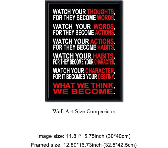 Pyradecor Black Framed Wall Art Watch Your Thoughts Motivational Classroom Poster Modern Canvas Prints Paintings Pictures Artwork for Office Living Room Home Decorations