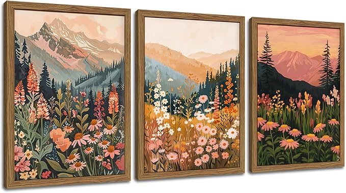 Boho Colorful Landscape wall art Wildflower Mountain Wall Decor Vintage Floral Forest Paintings Rustic Nature Pictures Canvas Prints for Living Room Bedroom Dining Room 12x16 Inch Wood Framed