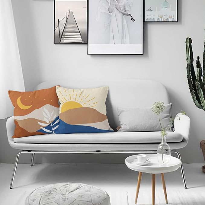 HIWX Boho Pillow Covers, Boho Sun Moon Mountains Decorative Pillowcase Throw Pillow Cover 18x18,Boho Throw Pillows,Boho Sun Desert for Sofa Bed Room Home Bedroom Decor Set of 2 Pillow Case（Orange）