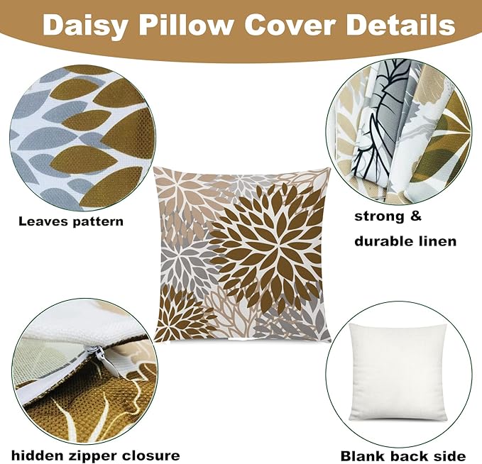 COMMINY Brown Grey Pillow Covers 16x16 Set of 6 Decorative Daisy Flower Throw Pillow Cover for Couch Modern Farmhouse Cushion Cover for Sofa Outdoor Patio Bed Living Room Home Decor